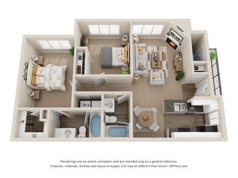 Floor plan for 2 beds, 2 baths, 990 sqft